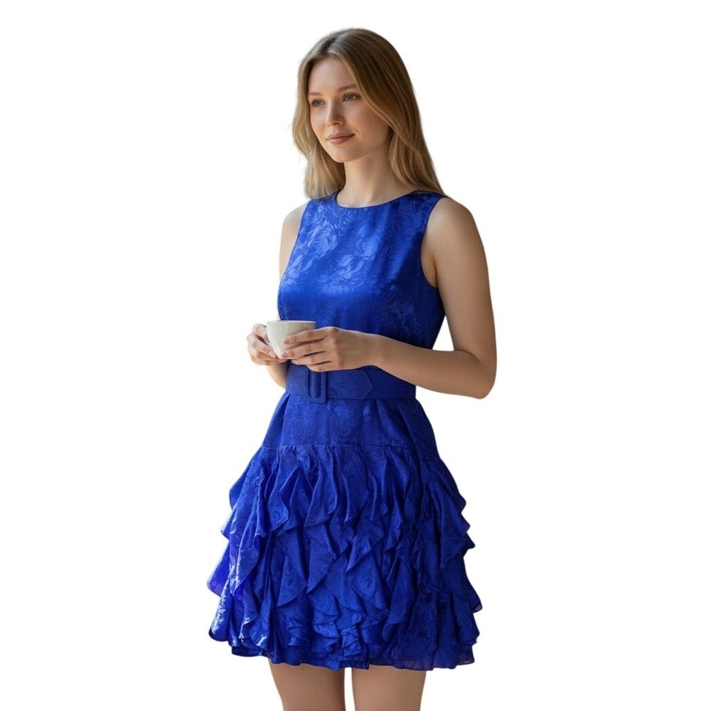 Bloomingdales Silk Jacquard Dress Womens 6 Blue Ruffle Belted Vintage Cocktail